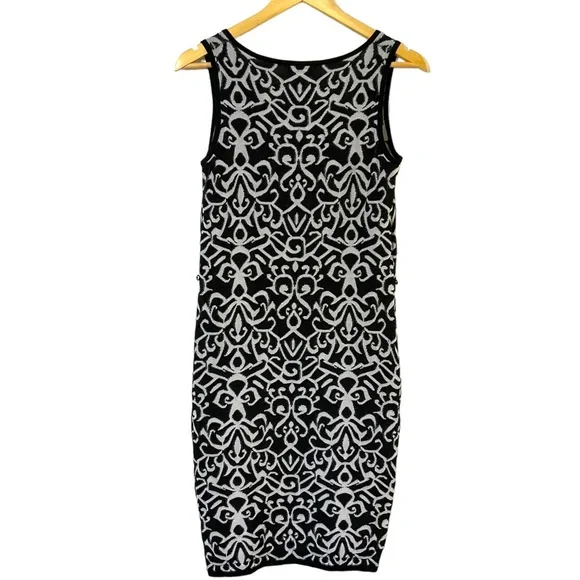Carmen Marc Valvo Knit Dress Black + Ivory Body-con Jacquard/Damask Prin… - Picture 2 of 13
